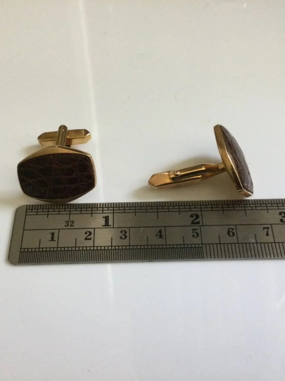 Vintage 70s Brown Inlay Leather-like Gold Plated Cufflinks